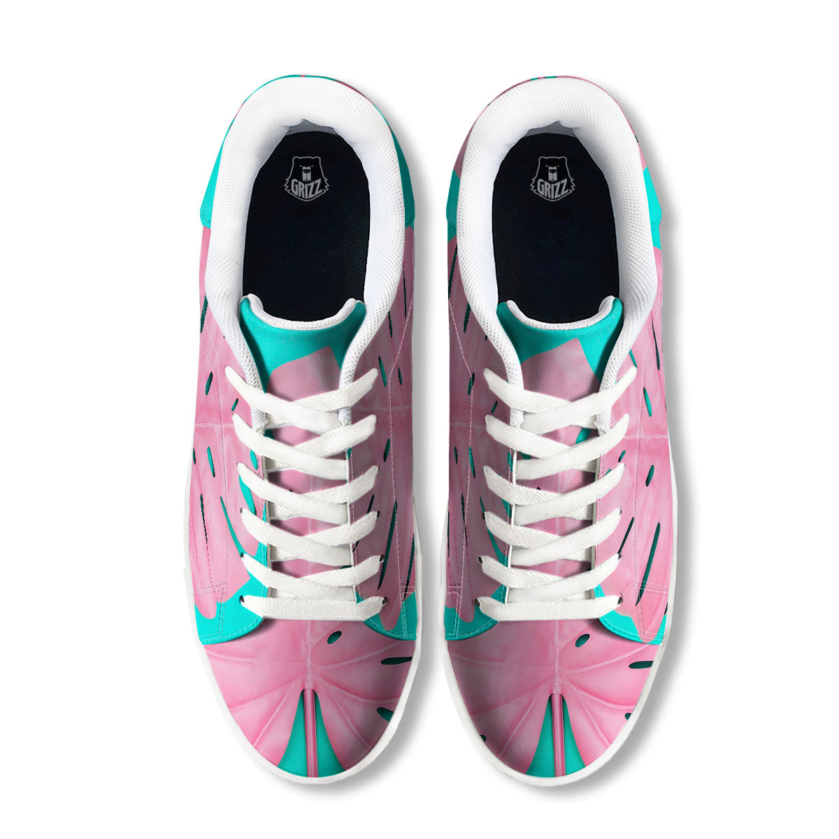 Blue And Pink Tropical Palm Leaf Print White Low Top Sneakers-grizzshop
