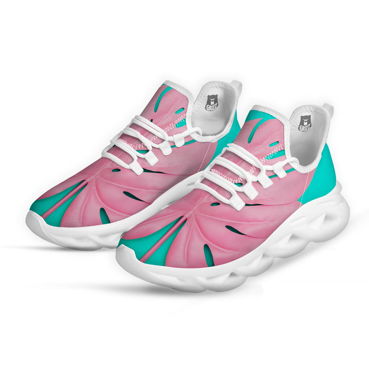 Blue And Pink Tropical Palm Leaf Print White Running Shoes-grizzshop
