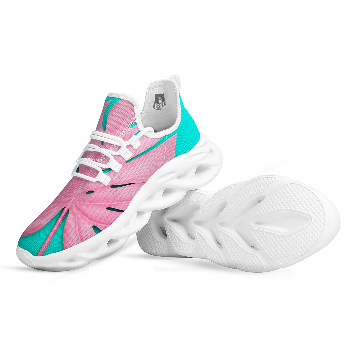 Blue And Pink Tropical Palm Leaf Print White Running Shoes-grizzshop