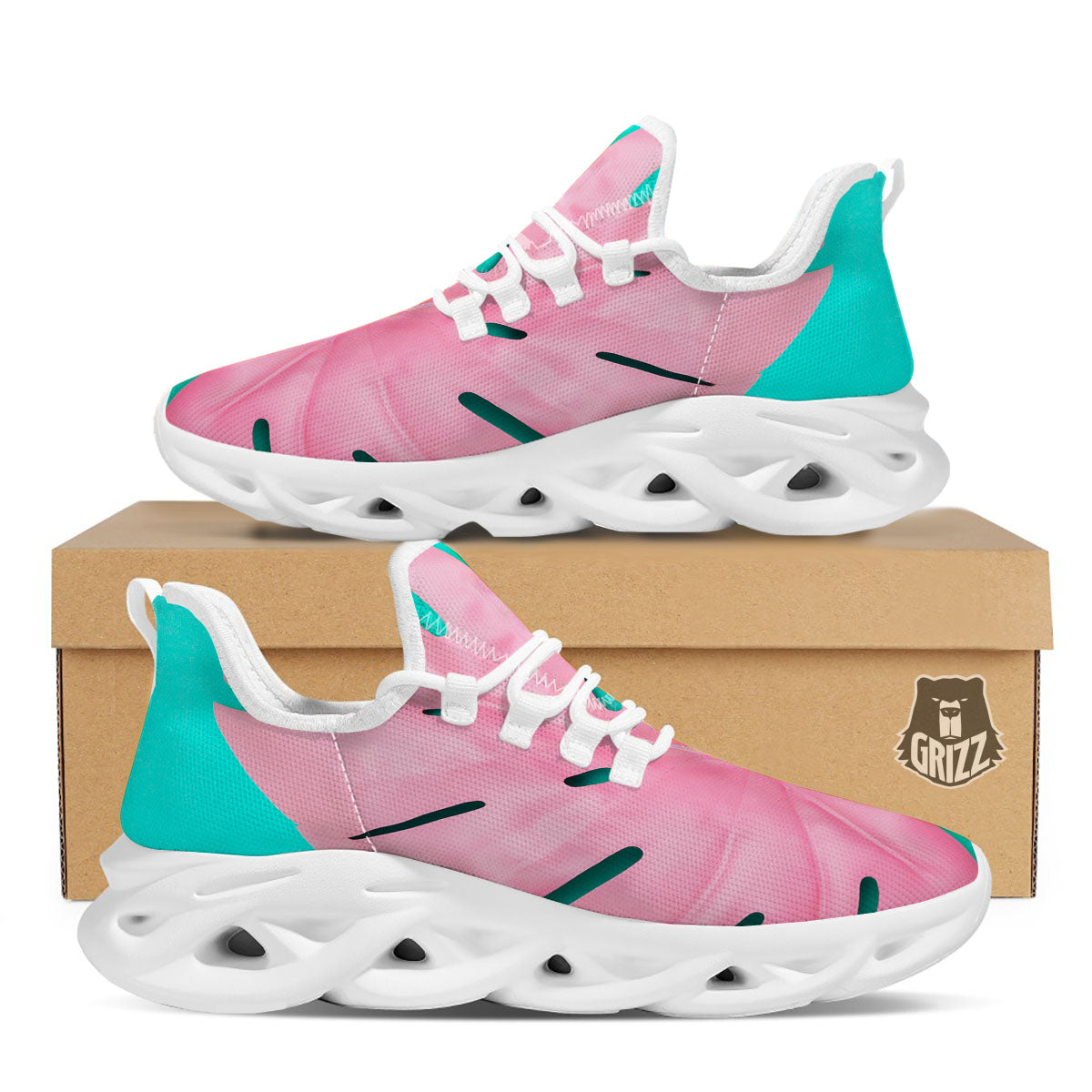 Blue And Pink Tropical Palm Leaf Print White Running Shoes-grizzshop