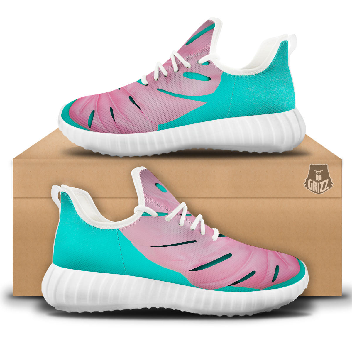 Blue And Pink Tropical Palm Leaf Print White Walking Shoes-grizzshop