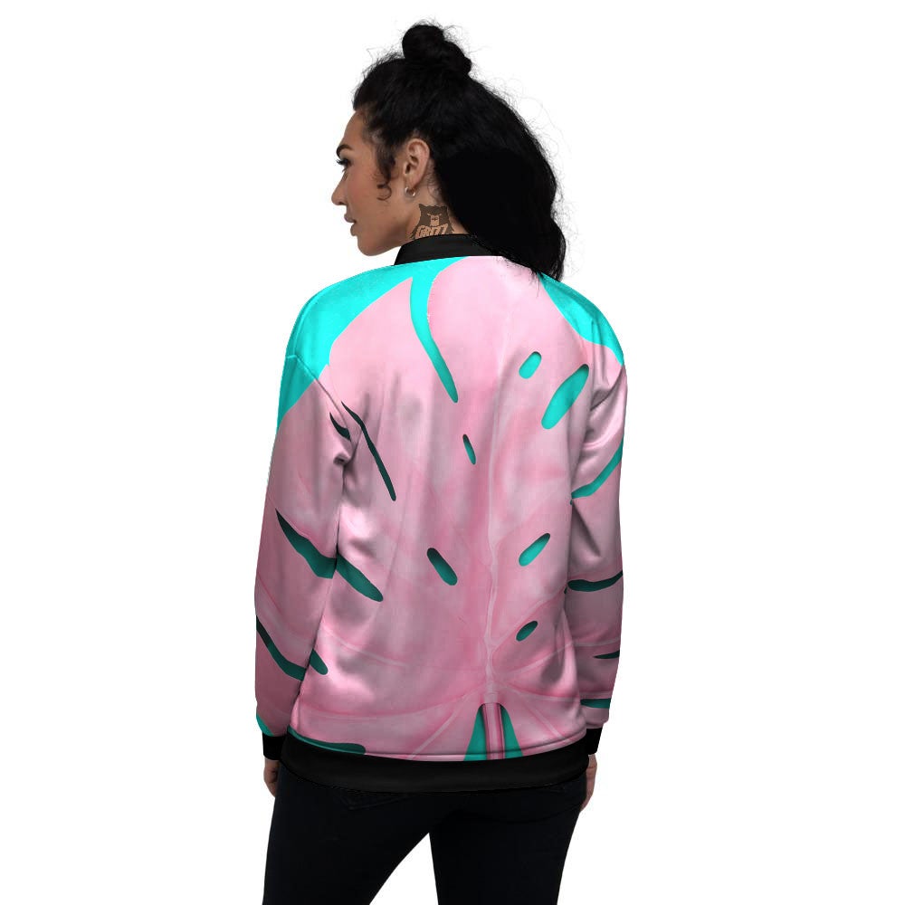 Blue And Pink Tropical Palm Leaf Print Women's Bomber Jacket-grizzshop