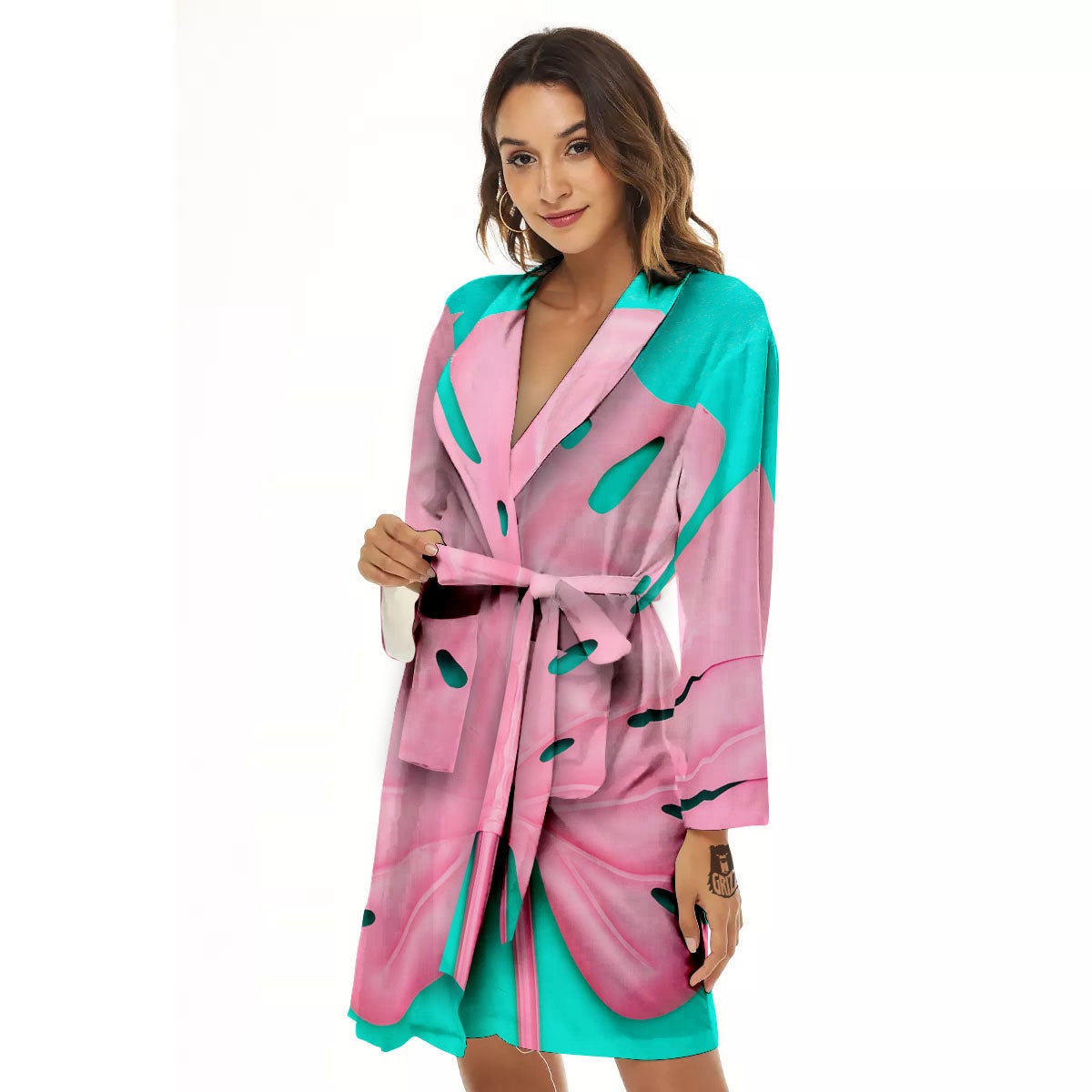 Blue And Pink Tropical Palm Leaf Print Women's Robe-grizzshop