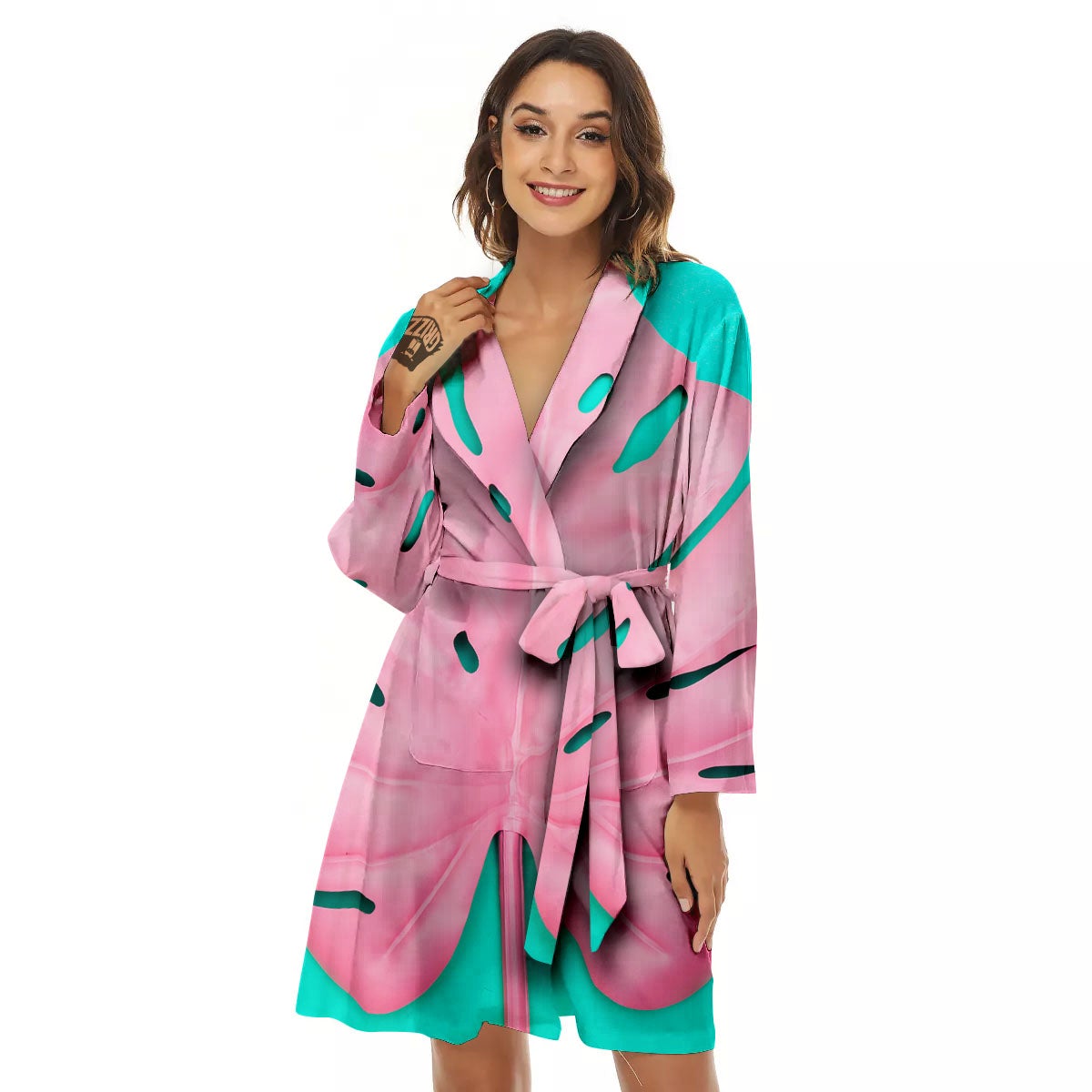 Blue And Pink Tropical Palm Leaf Print Women's Robe-grizzshop