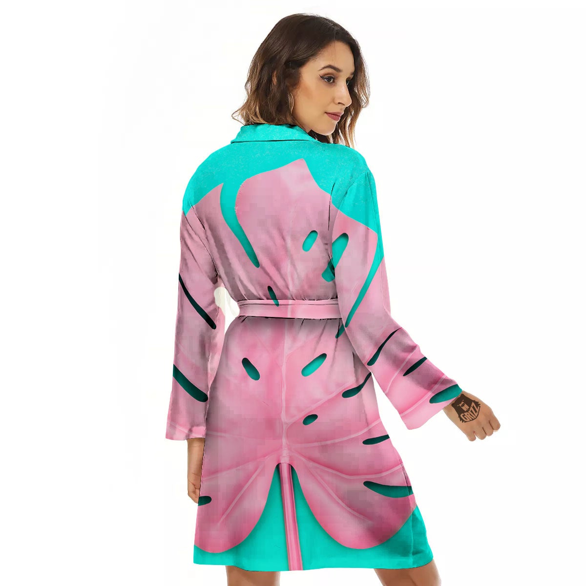 Blue And Pink Tropical Palm Leaf Print Women's Robe-grizzshop