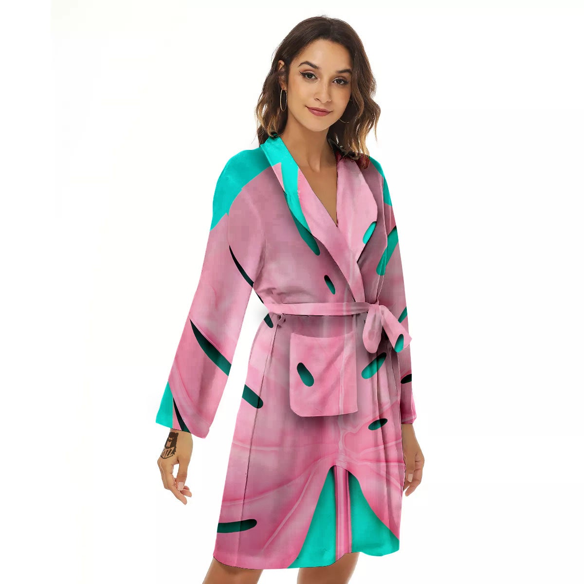 Blue And Pink Tropical Palm Leaf Print Women's Robe-grizzshop