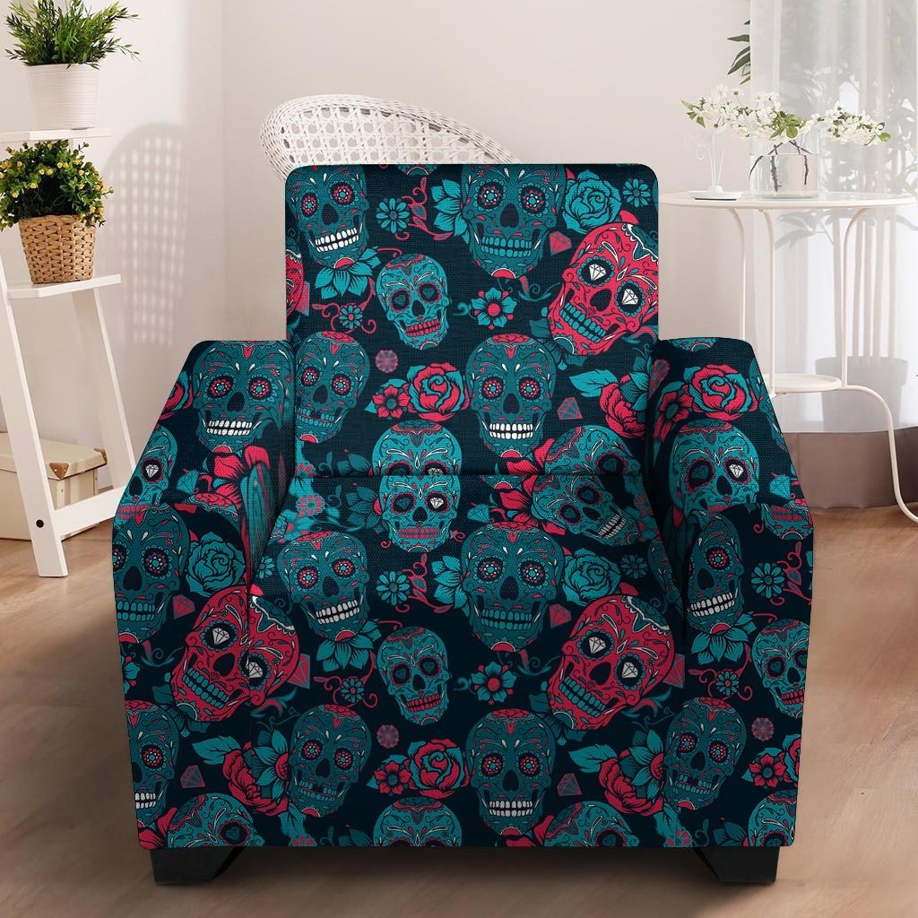 Blue And Red Floral Sugar Skull Armchair Cover-grizzshop