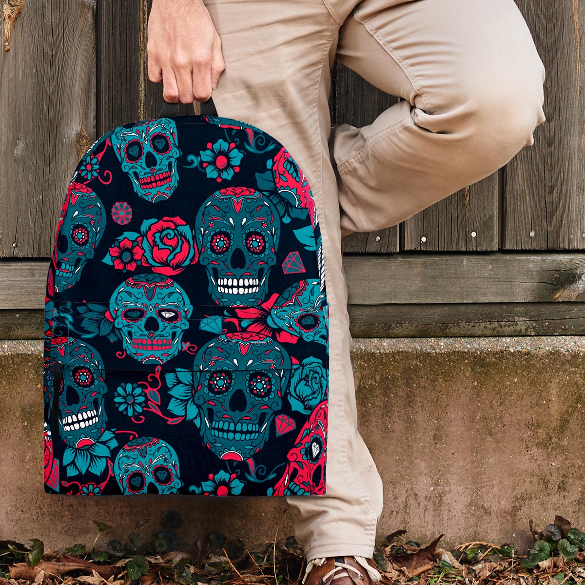 Blue And Red Floral Sugar Skull Backpack-grizzshop