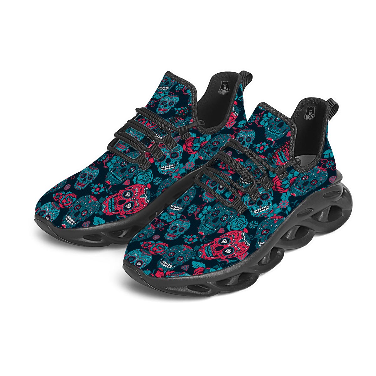 Blue And Red Floral Sugar Skull Black Running Shoes-grizzshop