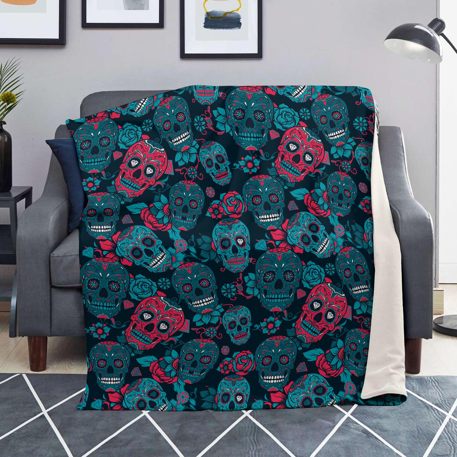 Blue And Red Floral Sugar Skull Blanket-grizzshop