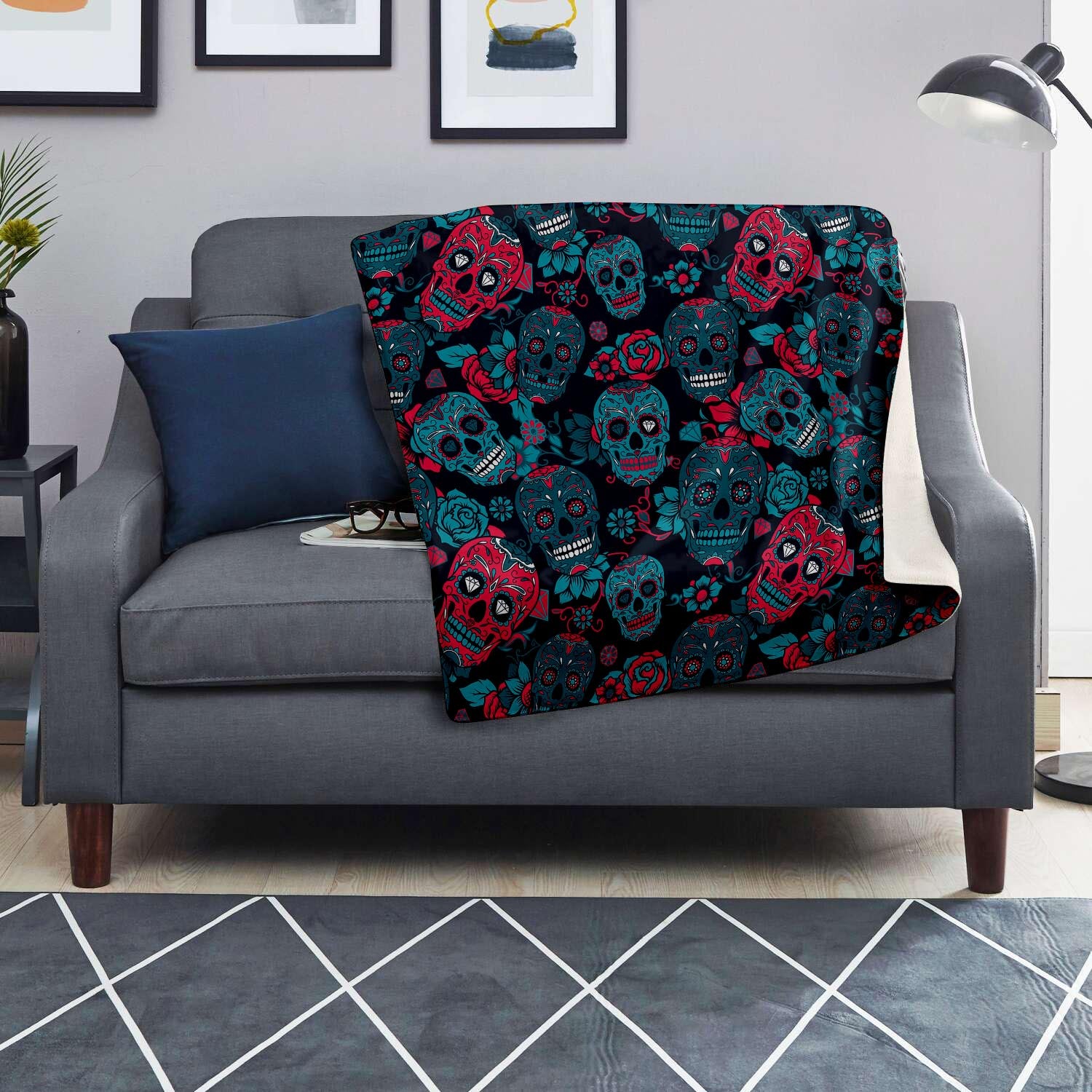 Blue And Red Floral Sugar Skull Blanket-grizzshop