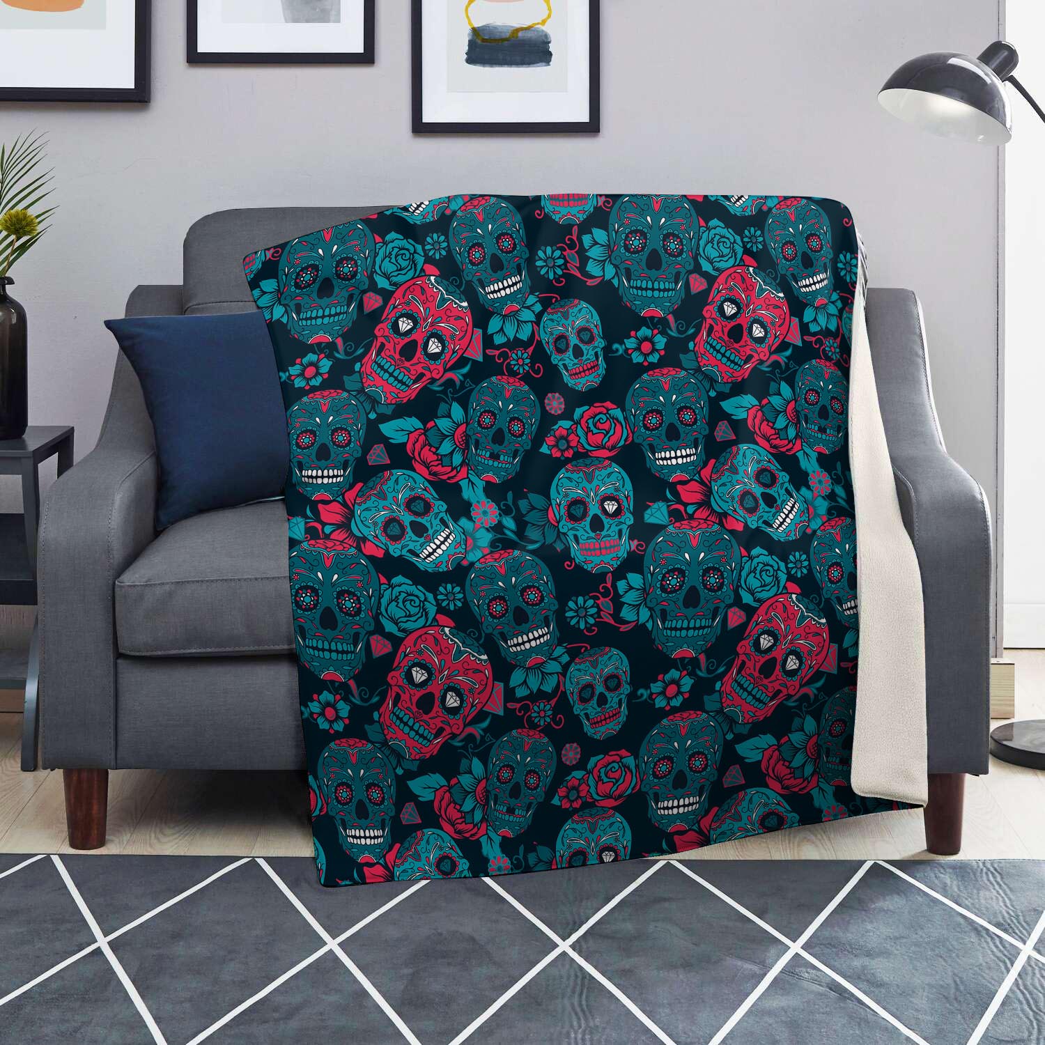 Blue And Red Floral Sugar Skull Blanket-grizzshop