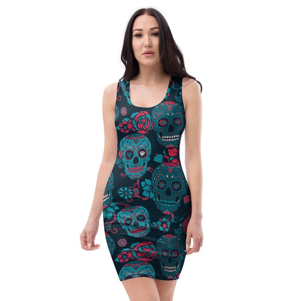 Blue And Red Floral Sugar Skull Bodycon Dress-grizzshop