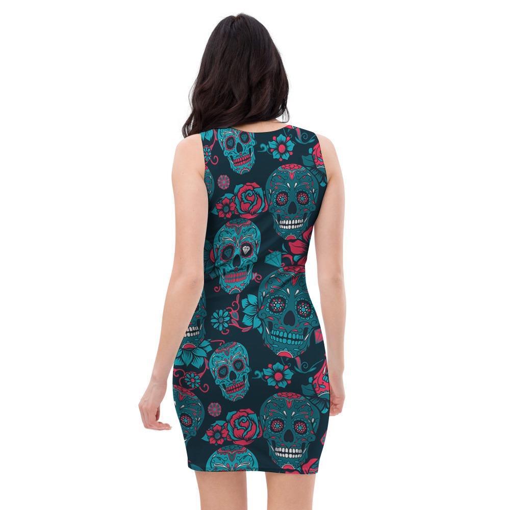 Blue And Red Floral Sugar Skull Bodycon Dress-grizzshop