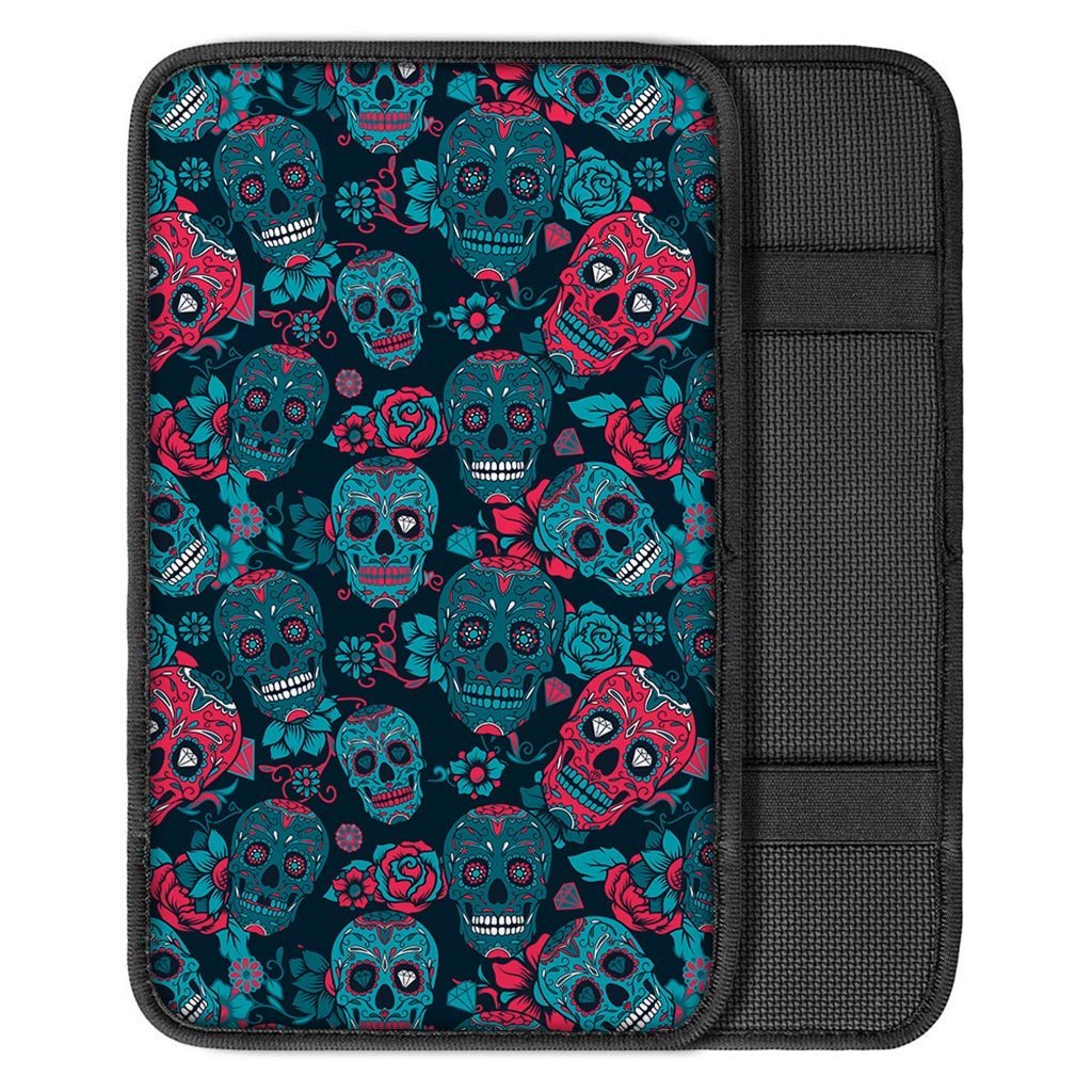 Blue And Red Floral Sugar Skull Car Console Cover-grizzshop