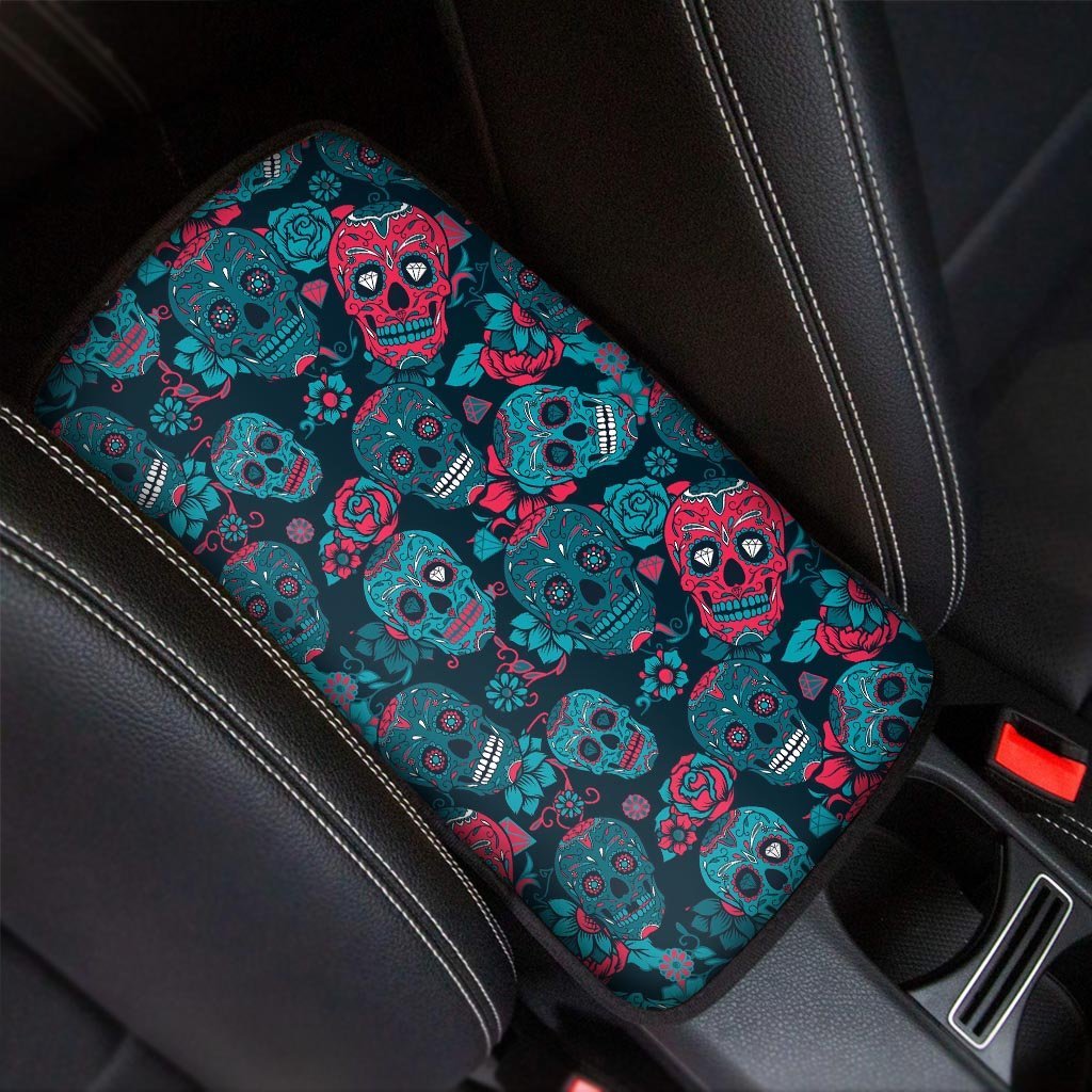 Blue And Red Floral Sugar Skull Car Console Cover-grizzshop