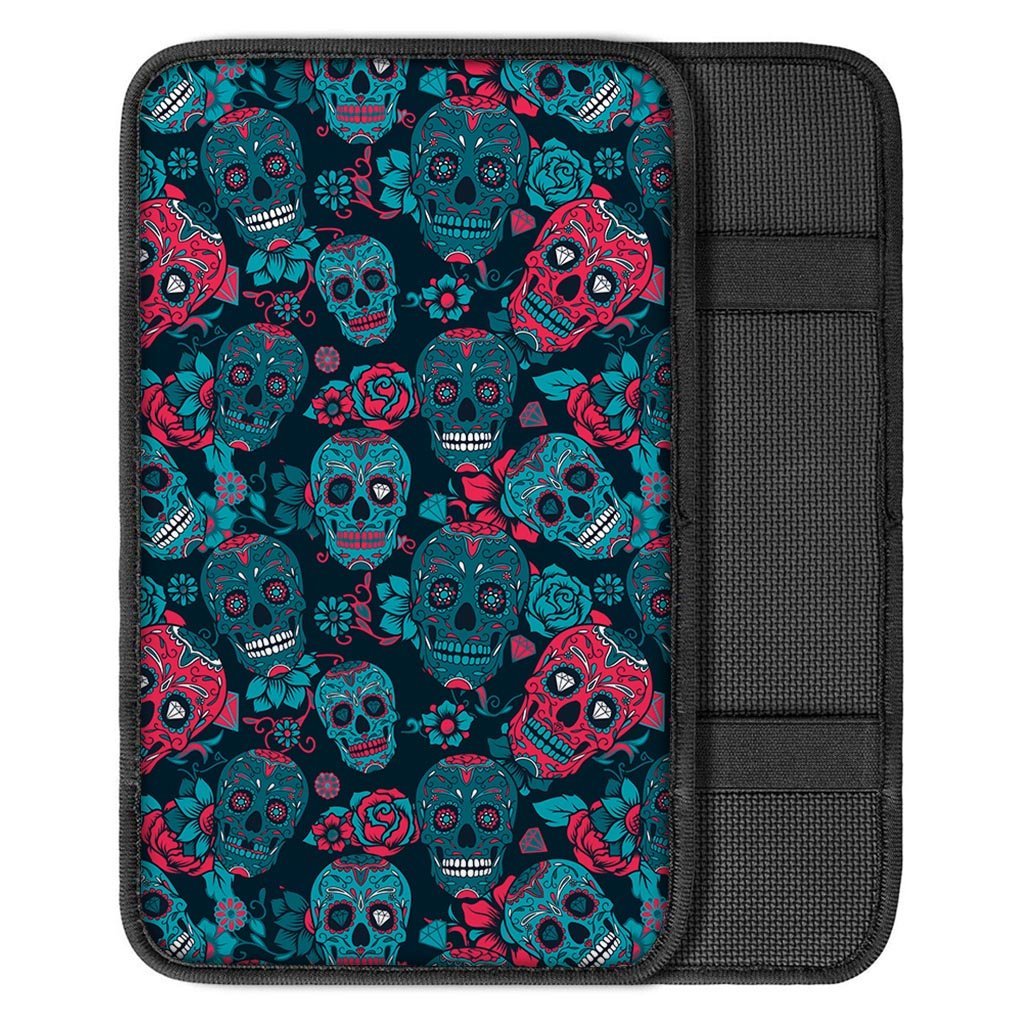 Blue And Red Floral Sugar Skull Car Console Cover-grizzshop