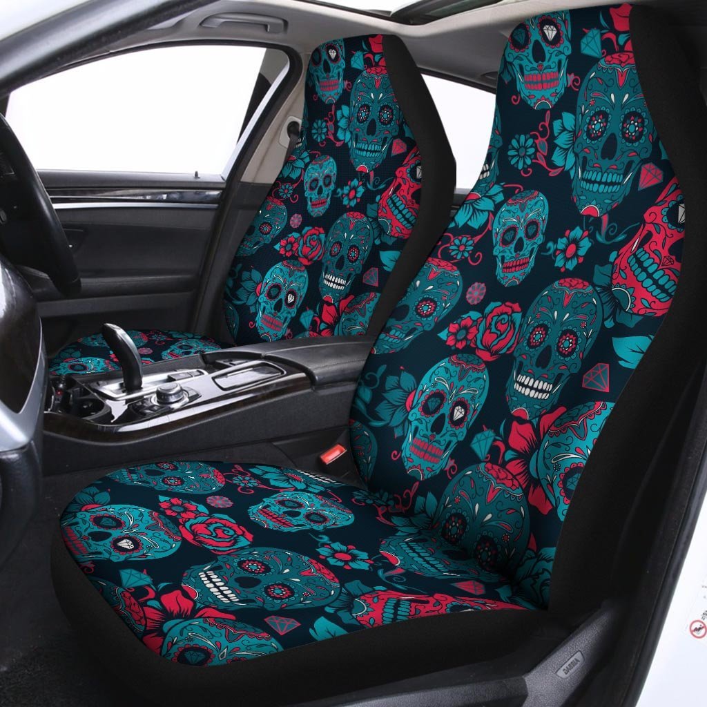 Blue And Red Floral Sugar Skull Car Seat Covers-grizzshop