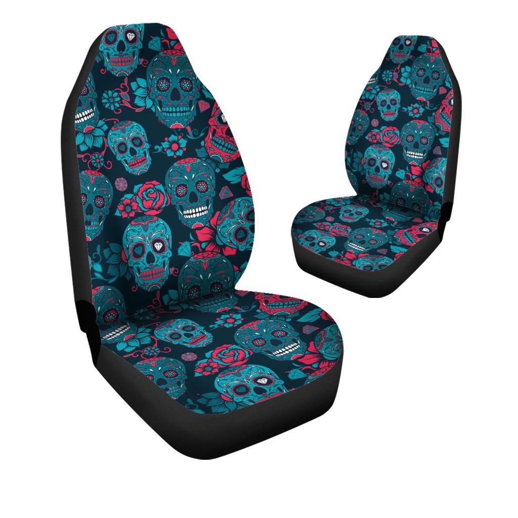 Blue And Red Floral Sugar Skull Car Seat Covers-grizzshop