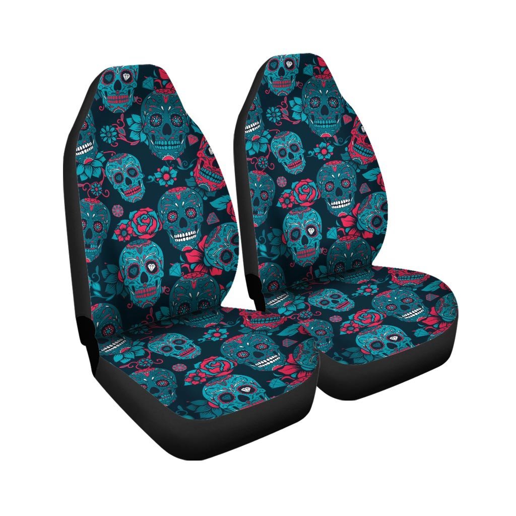 Blue And Red Floral Sugar Skull Car Seat Covers-grizzshop