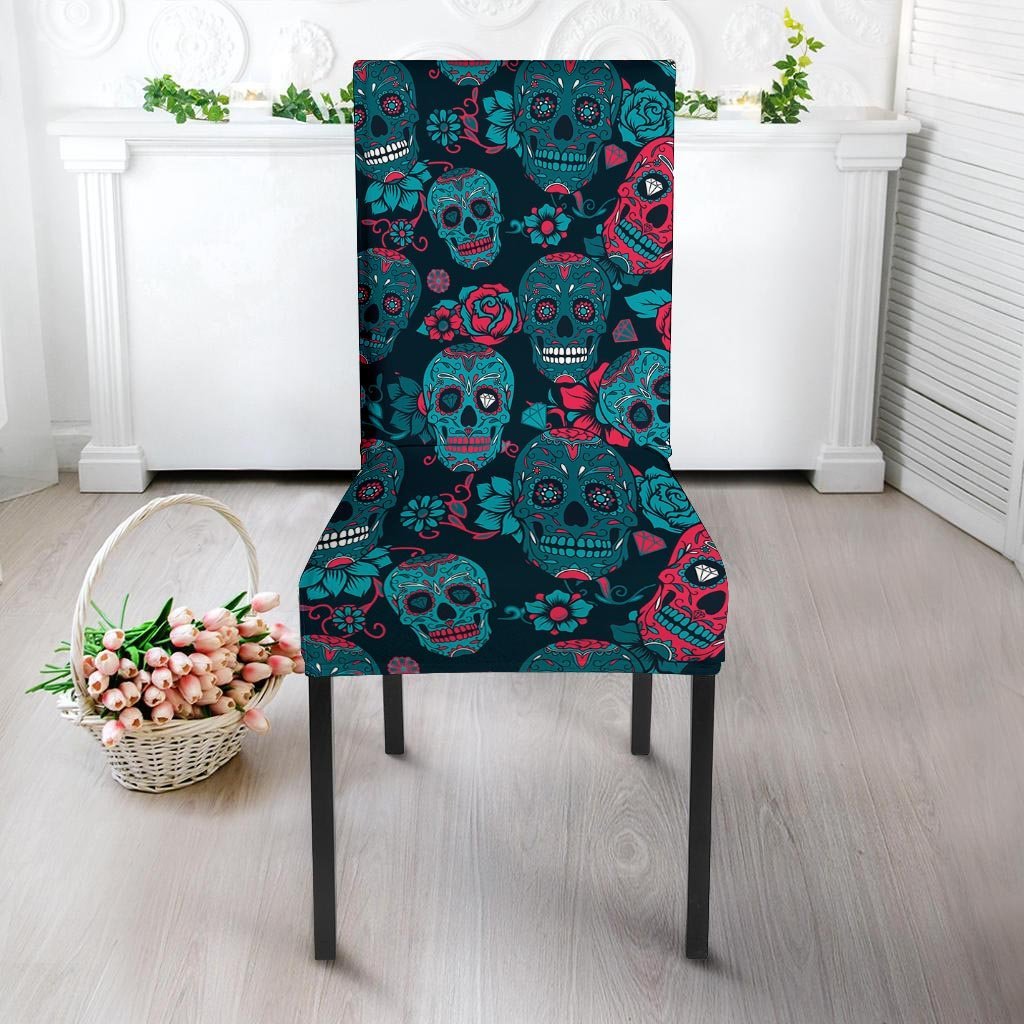 Blue And Red Floral Sugar Skull Chair Cover-grizzshop