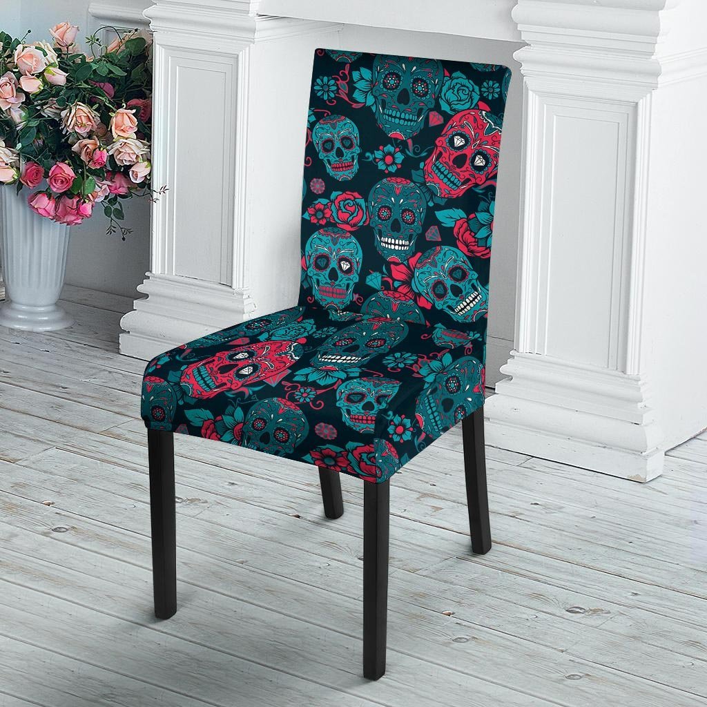 Blue And Red Floral Sugar Skull Chair Cover-grizzshop