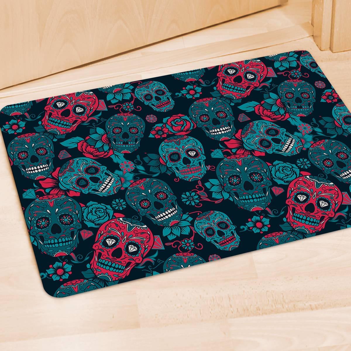 Blue And Red Floral Sugar Skull Door Mat-grizzshop