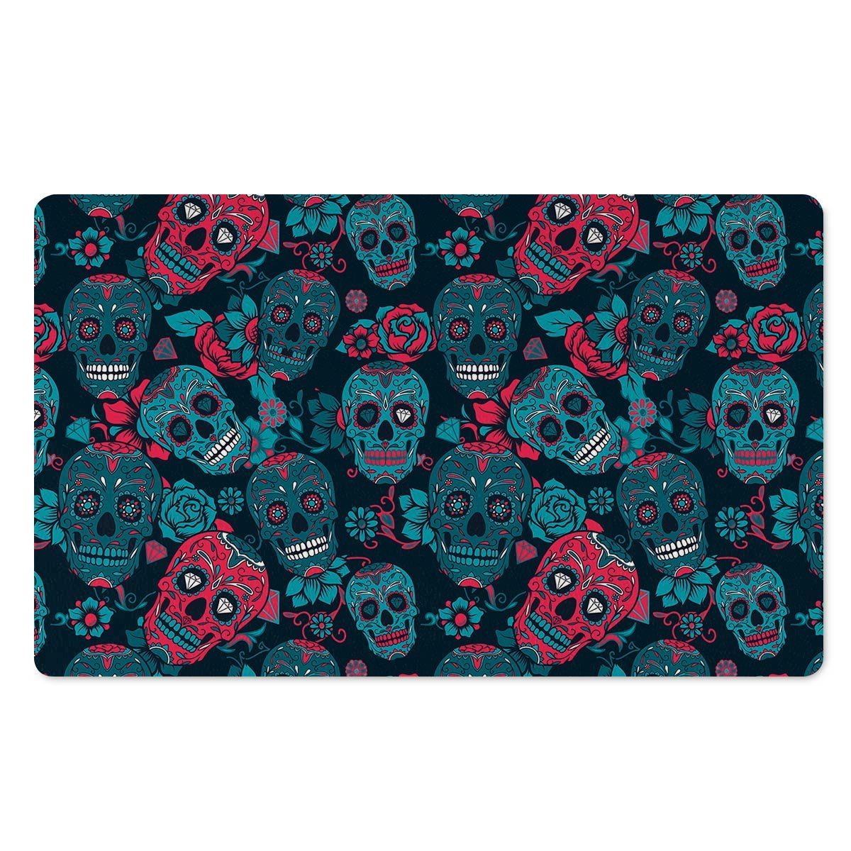 Blue And Red Floral Sugar Skull Door Mat-grizzshop