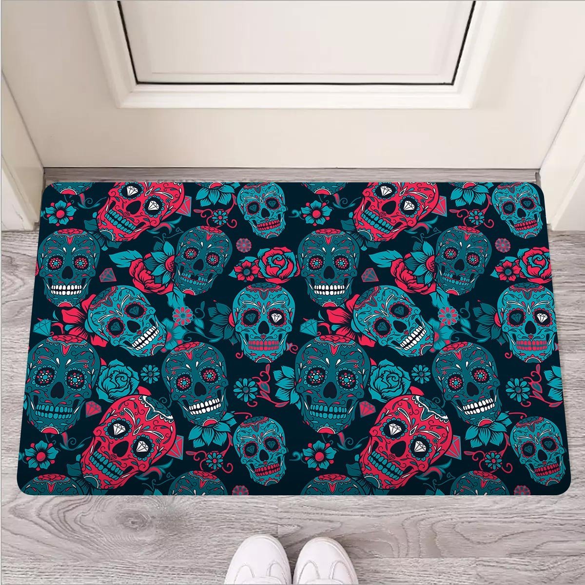 Blue And Red Floral Sugar Skull Door Mat-grizzshop