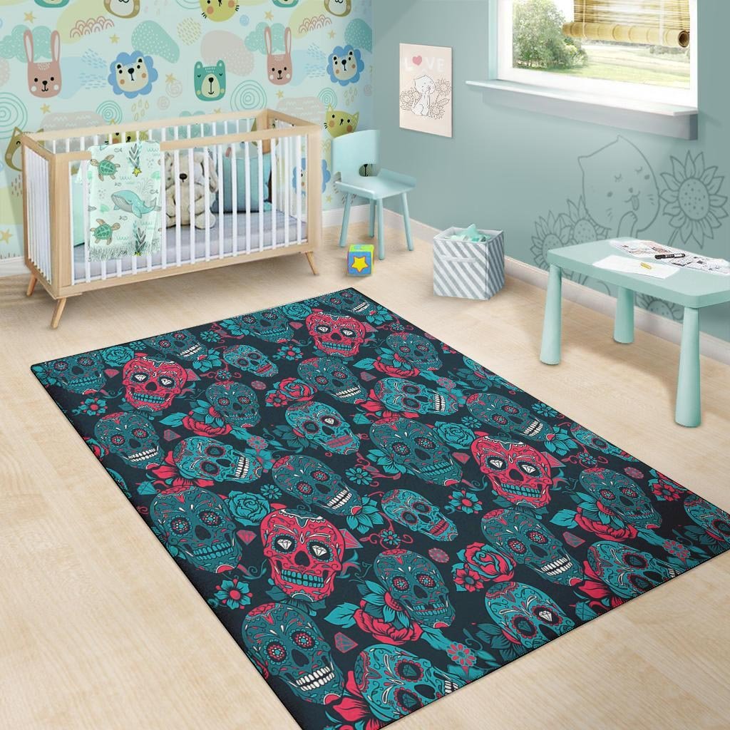 Blue And Red Floral Sugar Skull Floor Mat-grizzshop