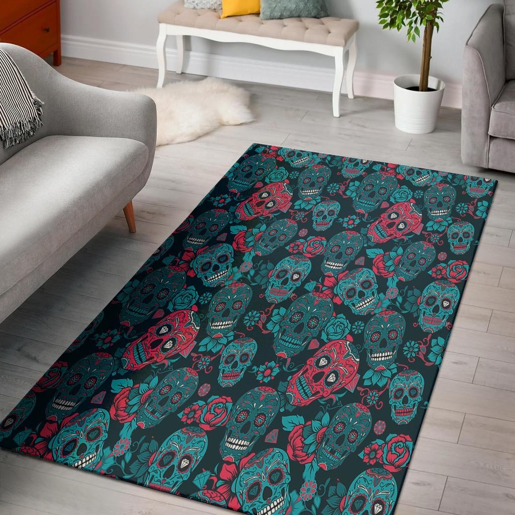 Blue And Red Floral Sugar Skull Floor Mat-grizzshop