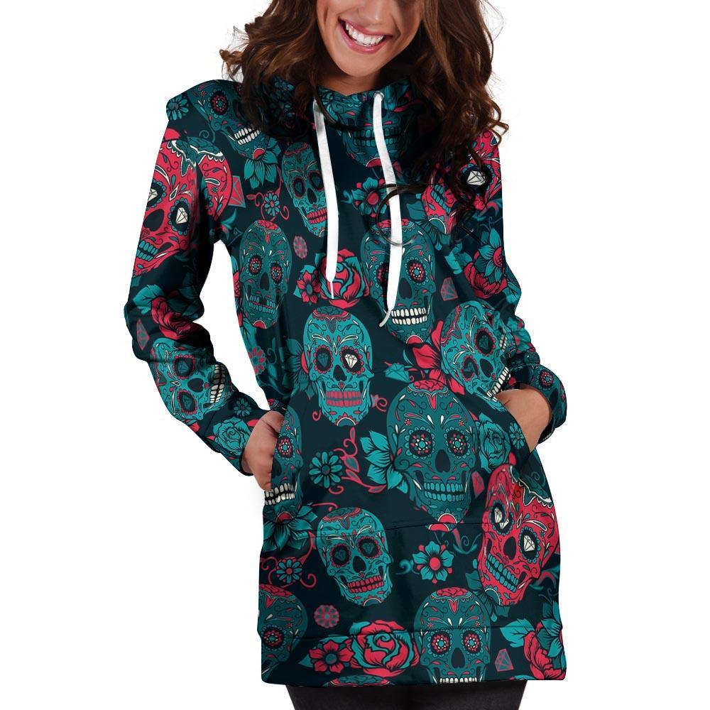 Blue And Red Floral Sugar Skull Hoodie Dress-grizzshop