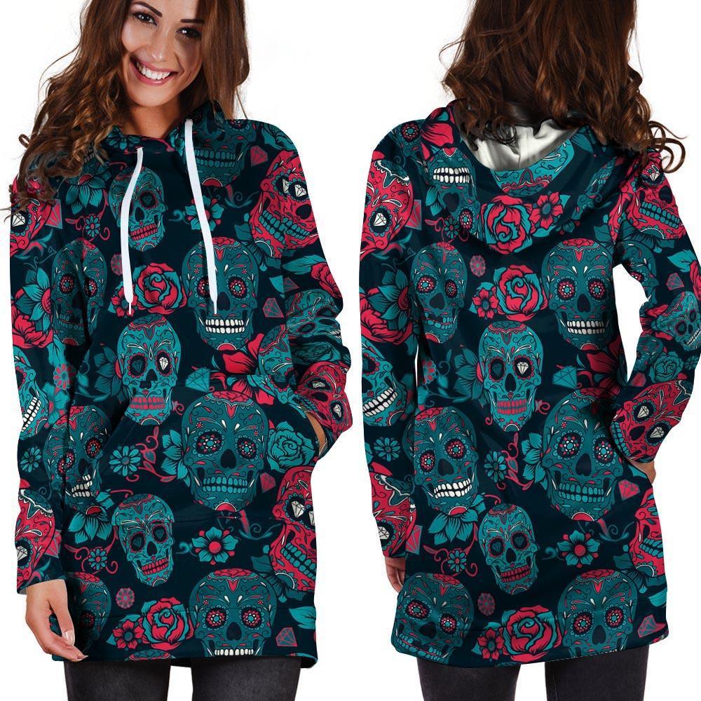 Blue And Red Floral Sugar Skull Hoodie Dress-grizzshop