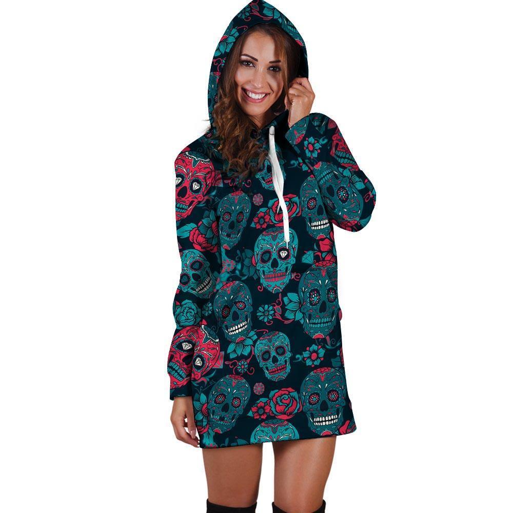 Blue And Red Floral Sugar Skull Hoodie Dress-grizzshop