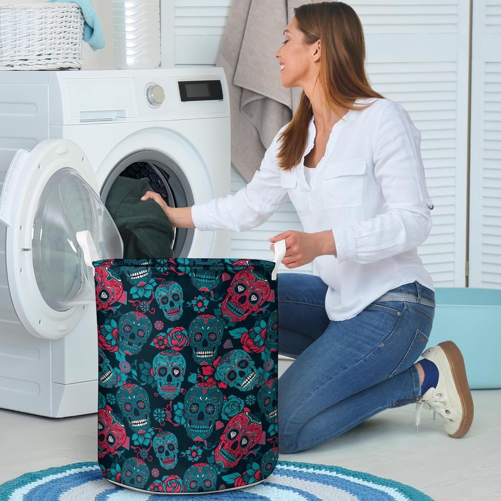 Blue And Red Floral Sugar Skull Laundry Basket-grizzshop