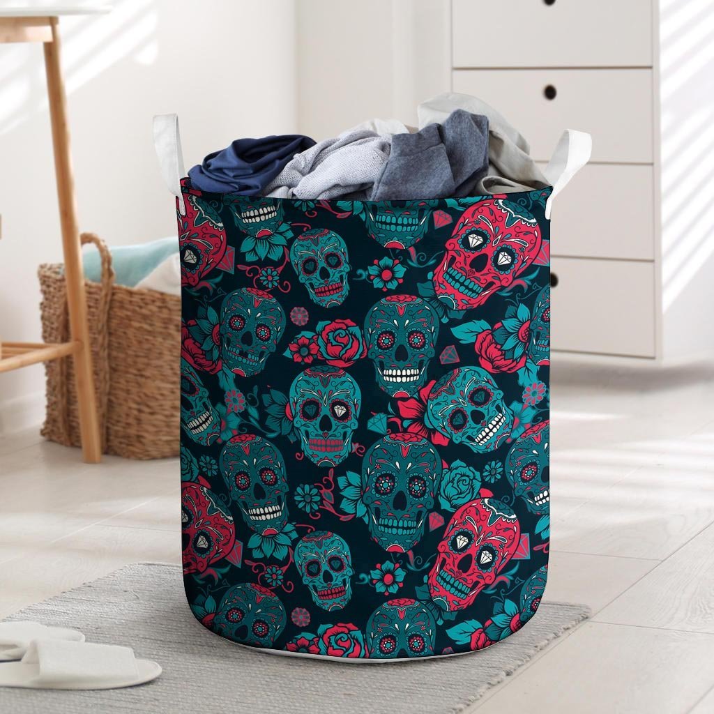 Blue And Red Floral Sugar Skull Laundry Basket-grizzshop