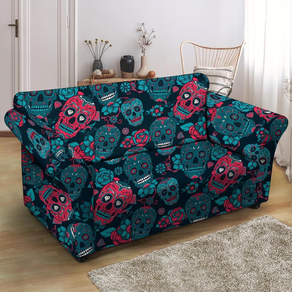 Blue And Red Floral Sugar Skull Loveseat Cover-grizzshop