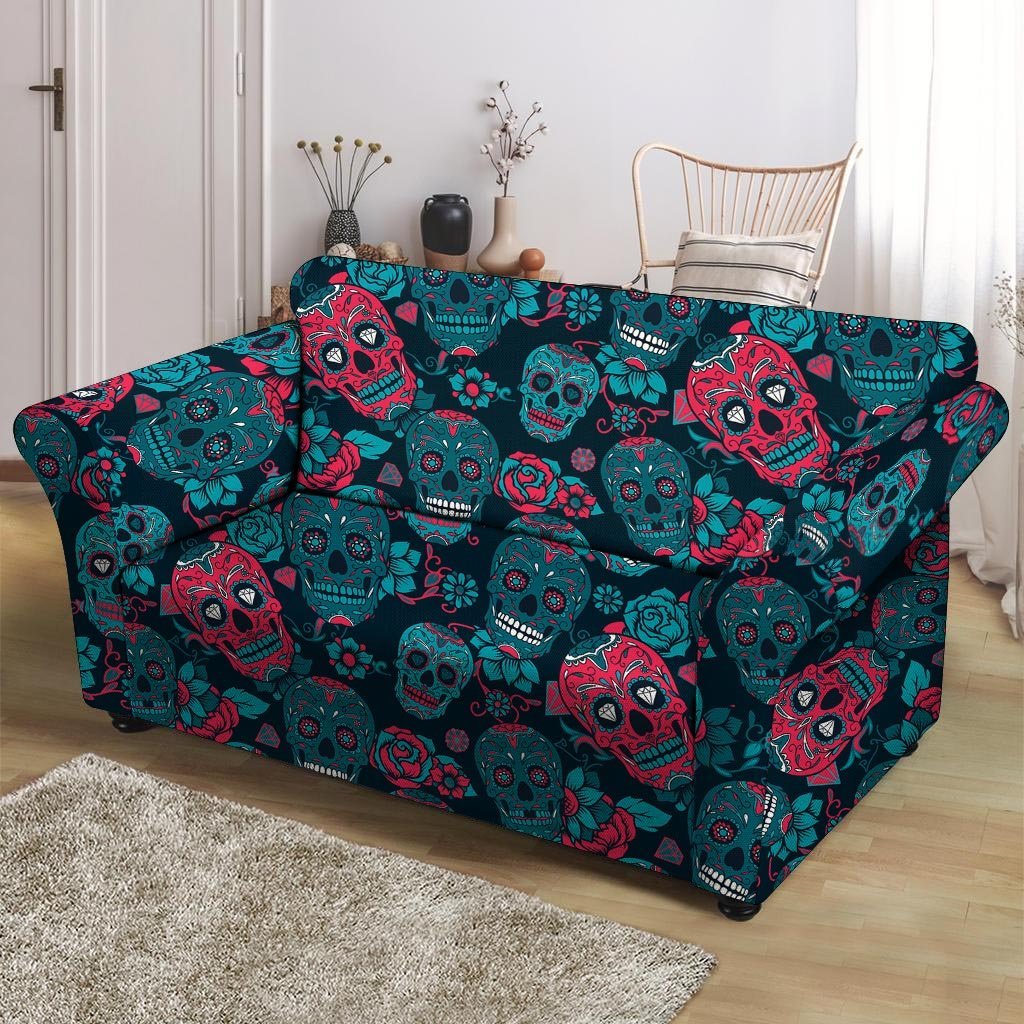 Blue And Red Floral Sugar Skull Loveseat Cover-grizzshop