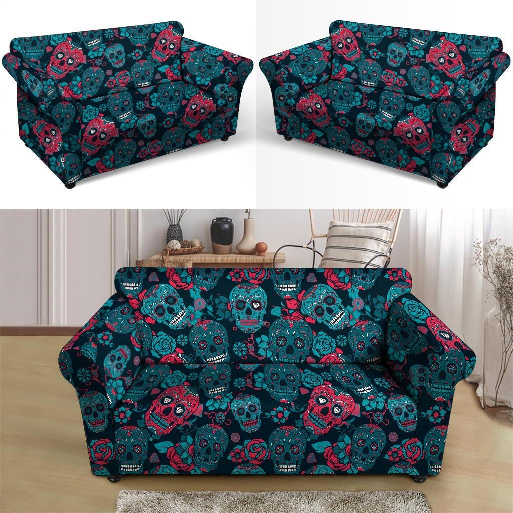 Blue And Red Floral Sugar Skull Loveseat Cover-grizzshop