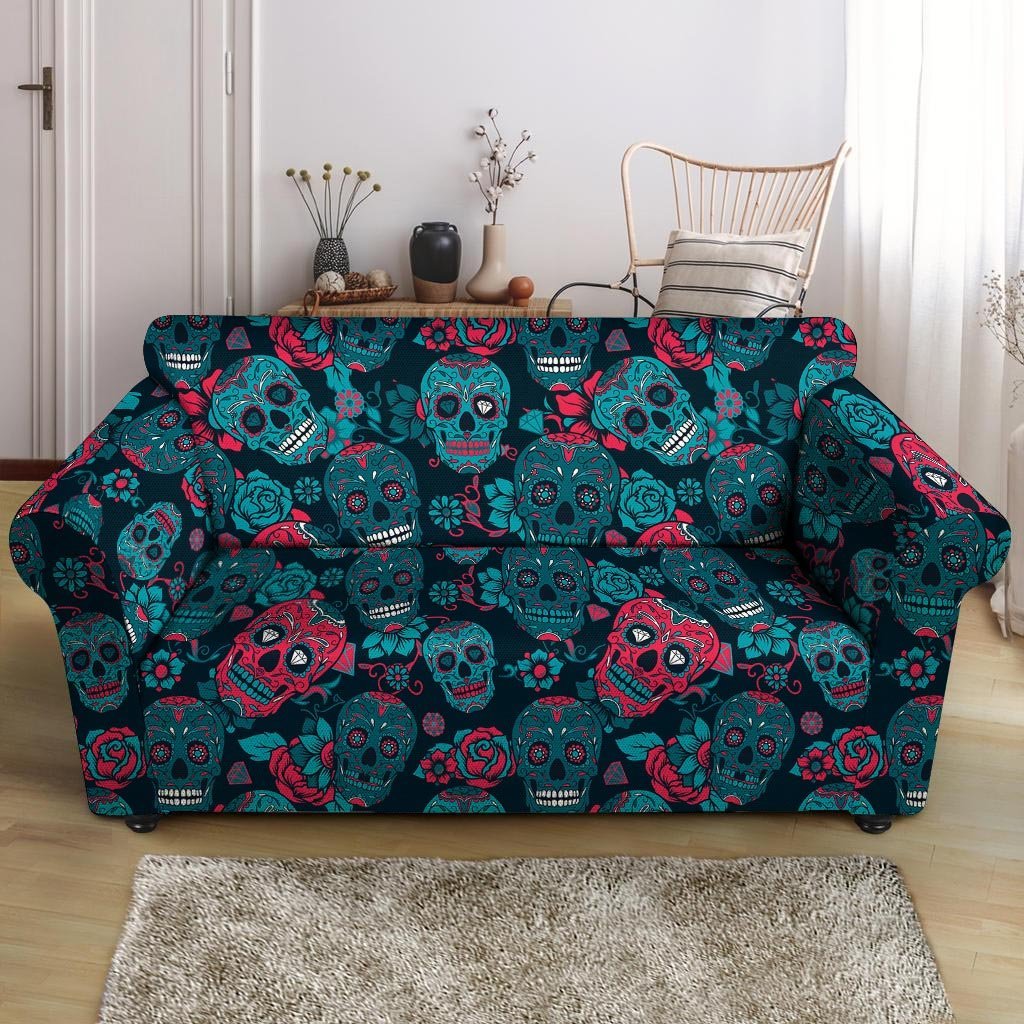 Blue And Red Floral Sugar Skull Loveseat Cover-grizzshop