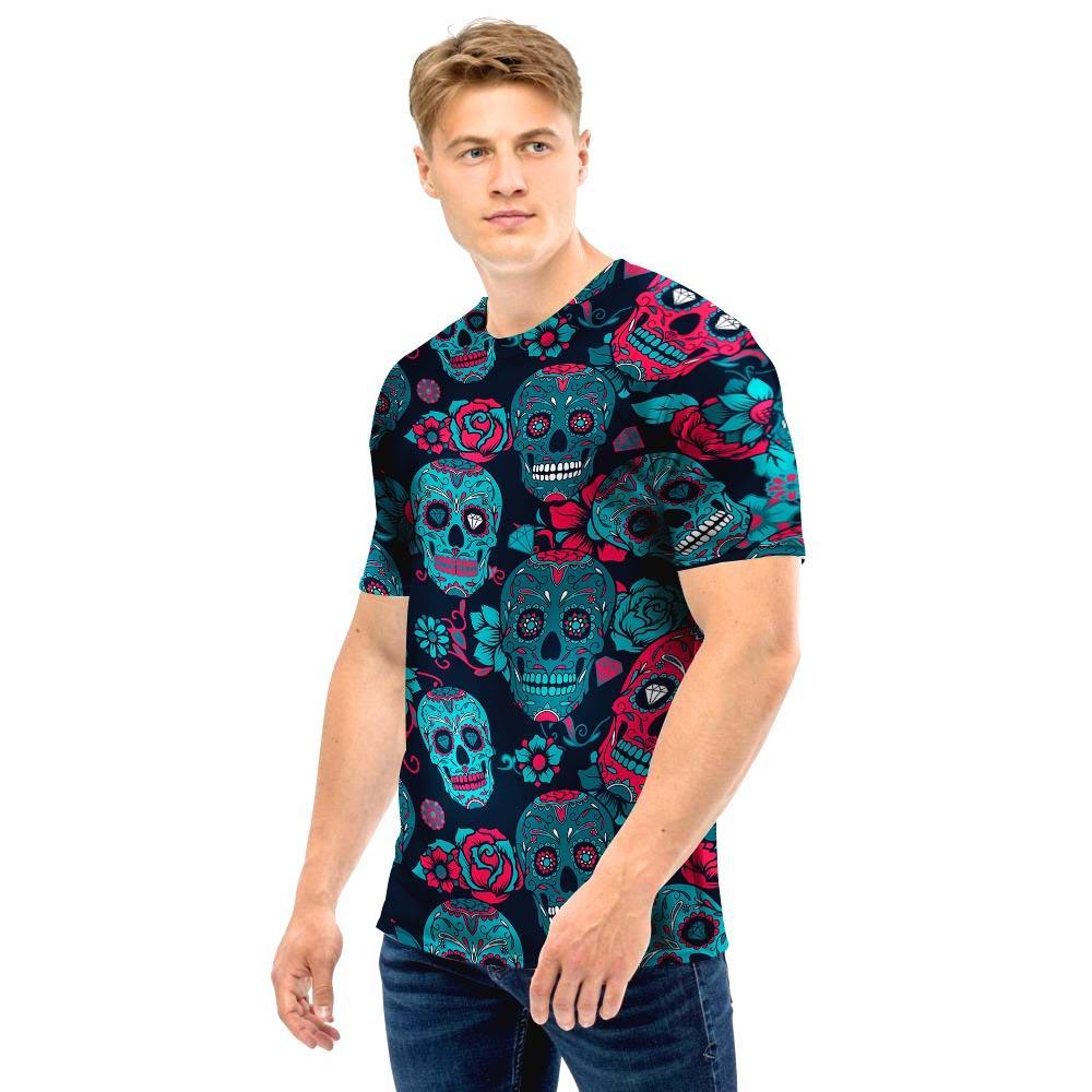 Blue And Red Floral Sugar Skull Men T Shirt-grizzshop