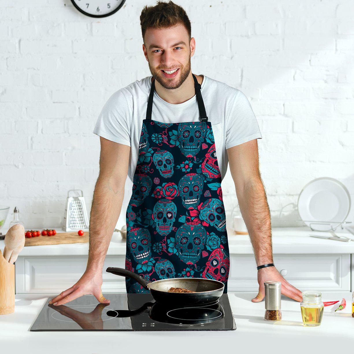 Blue And Red Floral Sugar Skull Men's Apron-grizzshop