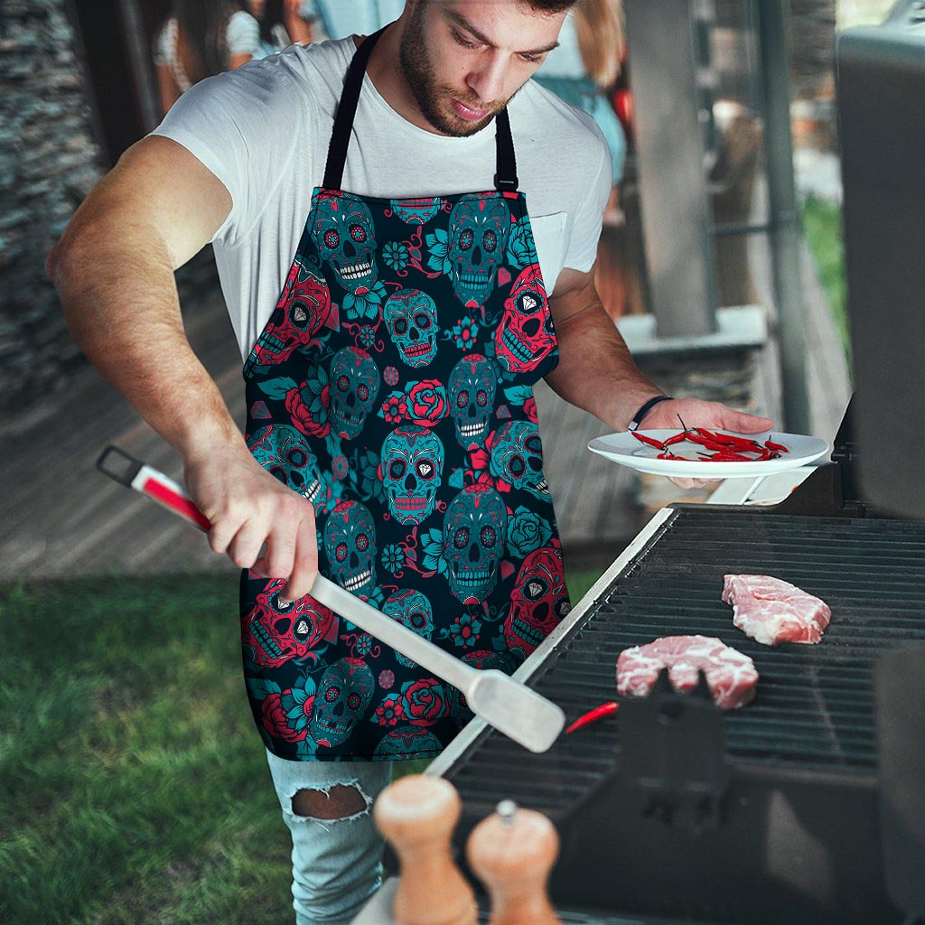 Blue And Red Floral Sugar Skull Men's Apron-grizzshop