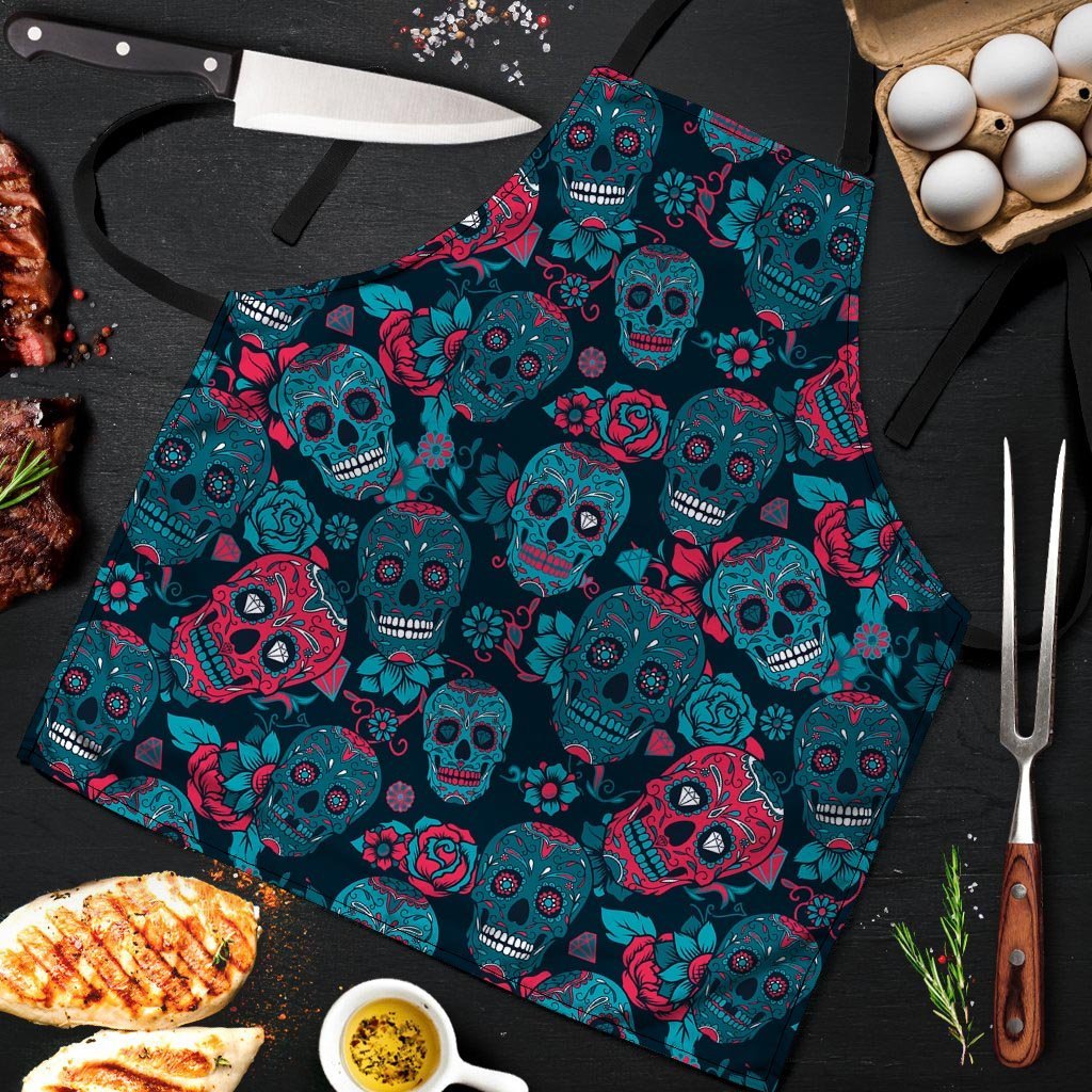 Blue And Red Floral Sugar Skull Men's Apron-grizzshop