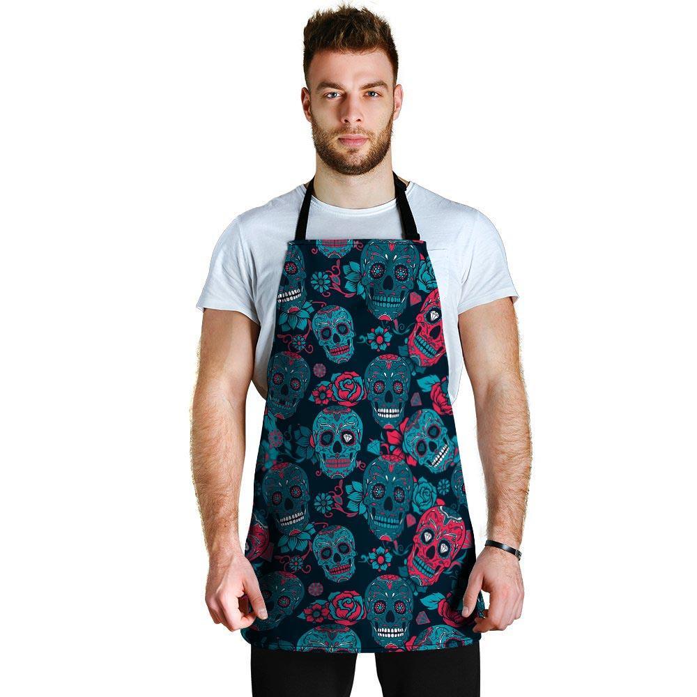 Blue And Red Floral Sugar Skull Men's Apron-grizzshop