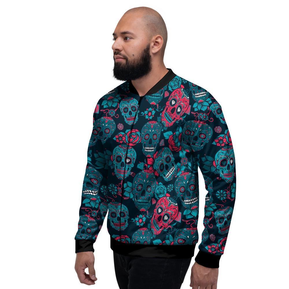 Blue And Red Floral Sugar Skull Men's Bomber Jacket-grizzshop