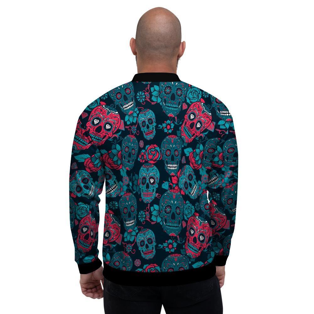 Blue And Red Floral Sugar Skull Men's Bomber Jacket-grizzshop