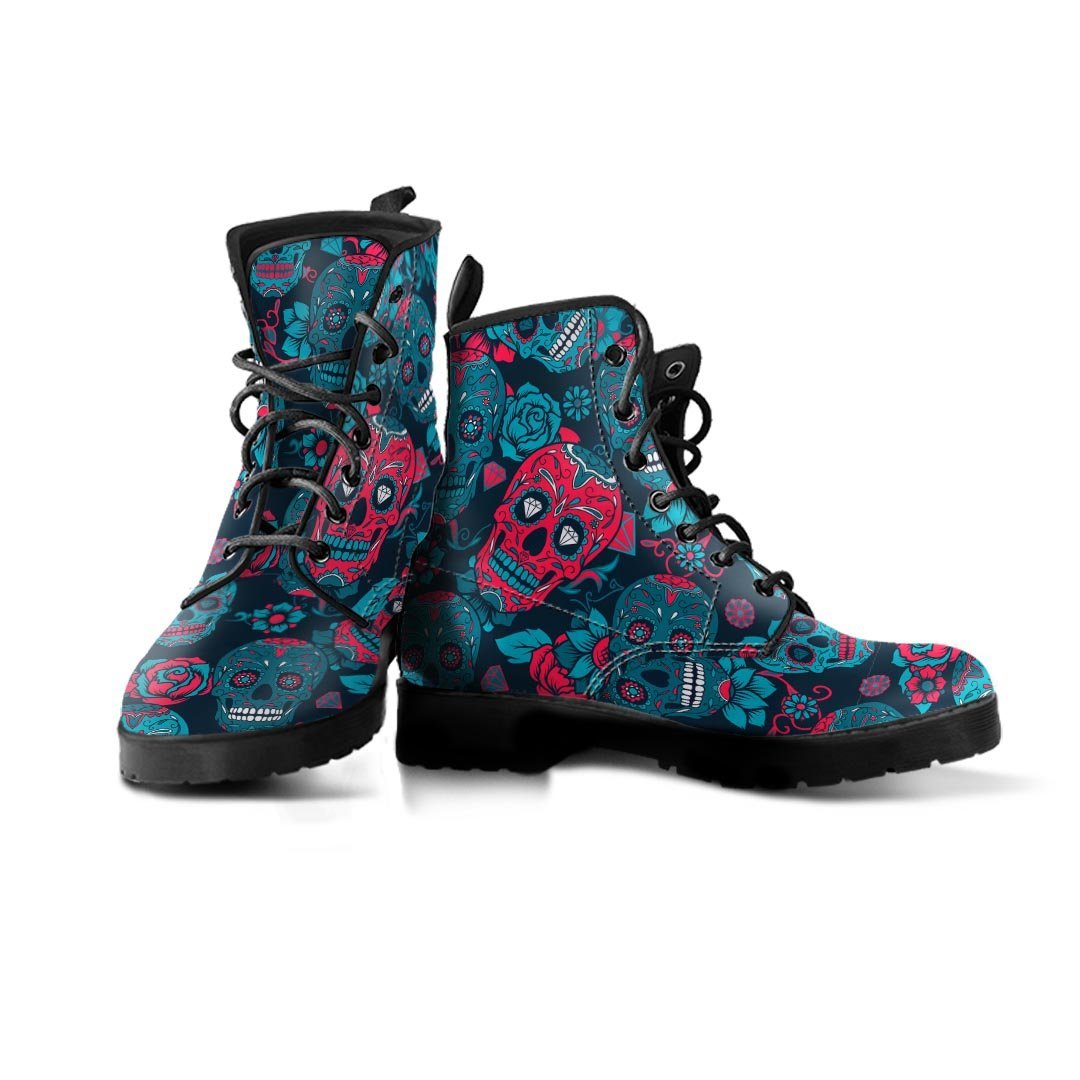 Blue And Red Floral Sugar Skull Men's Boots-grizzshop