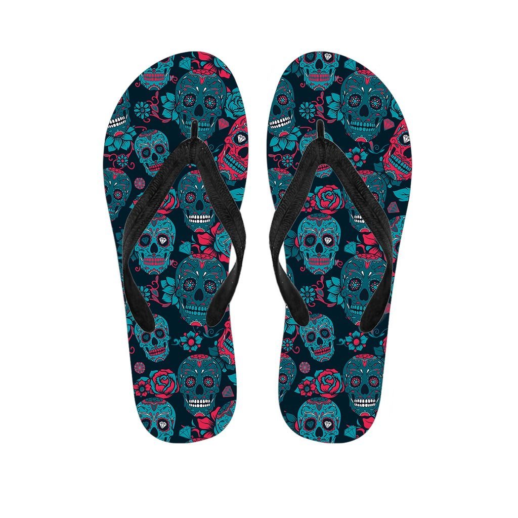 Blue And Red Floral Sugar Skull Men's Flip Flops-grizzshop