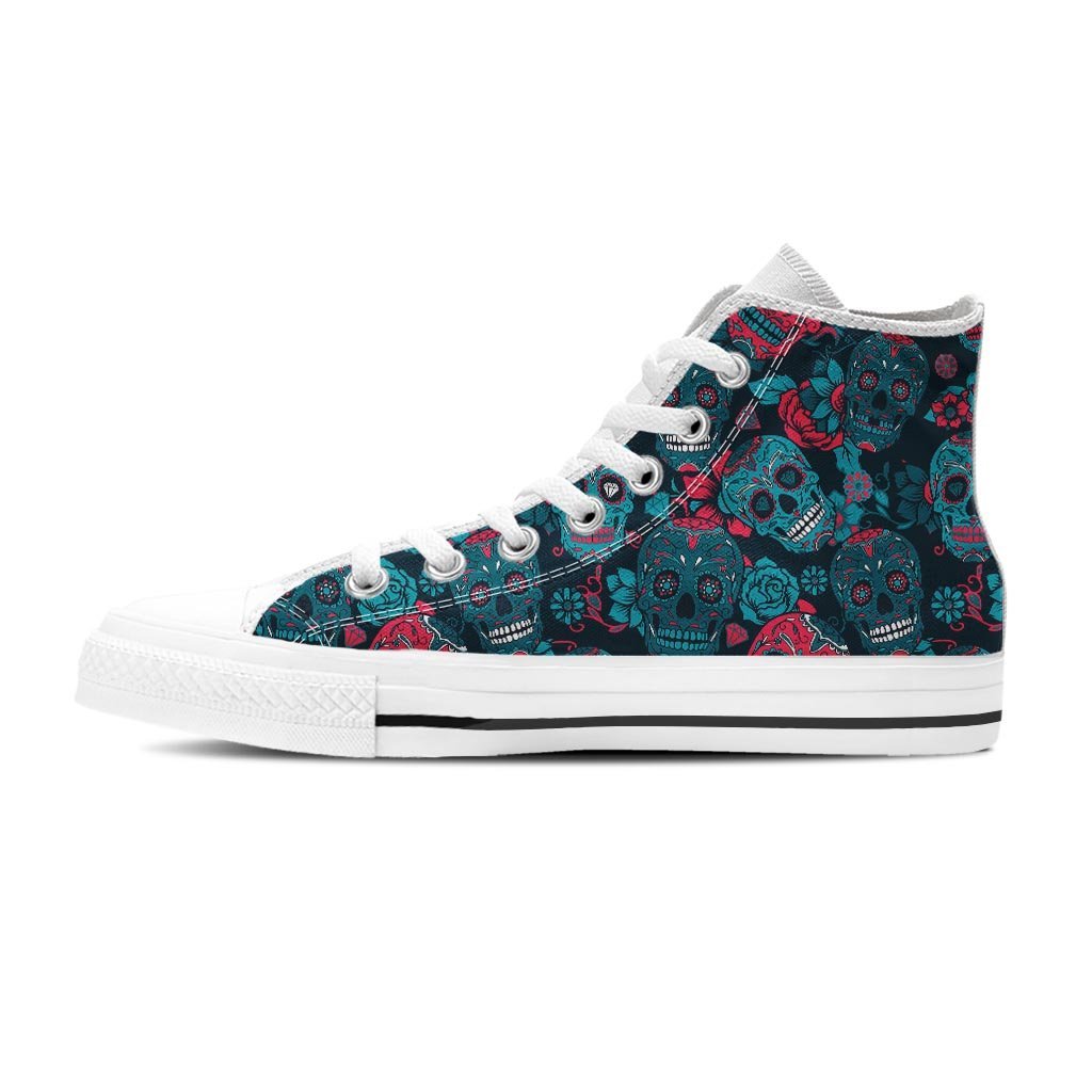 Blue And Red Floral Sugar Skull Men's High Top Shoes-grizzshop